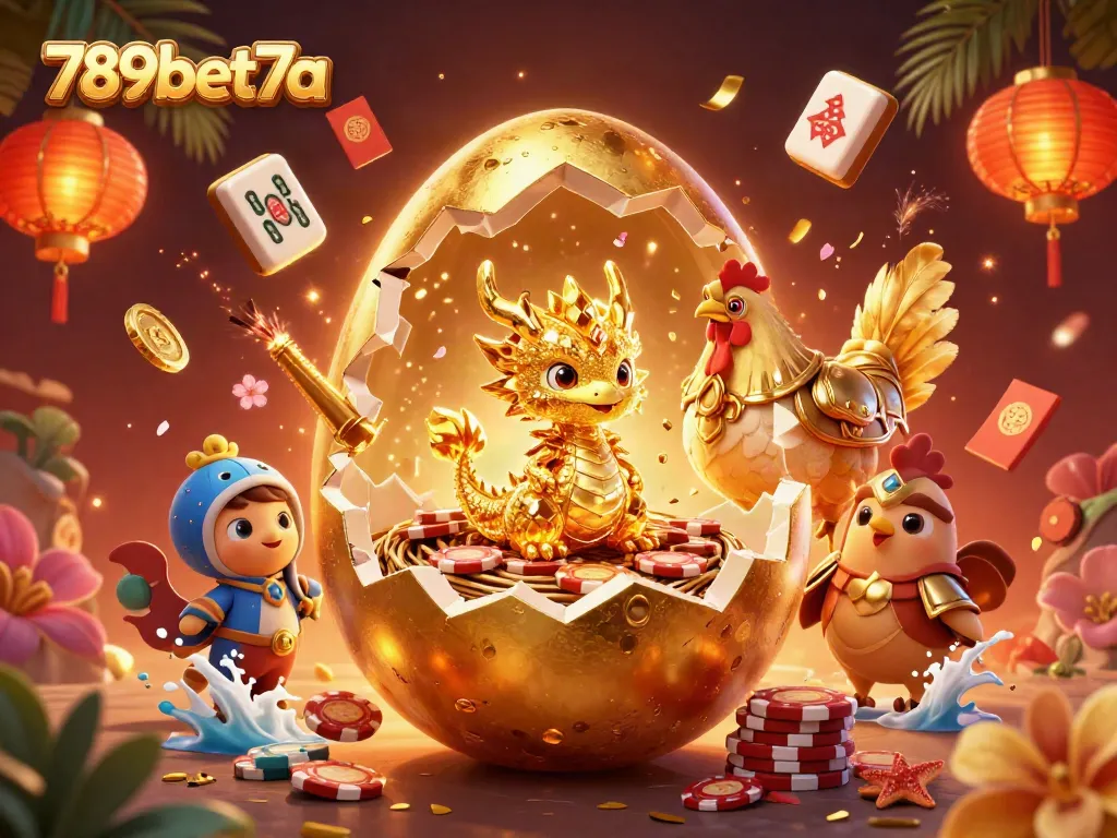 Engage with 789bet7a's vibrant casino scene featuring a golden baby dragon and poker chips.