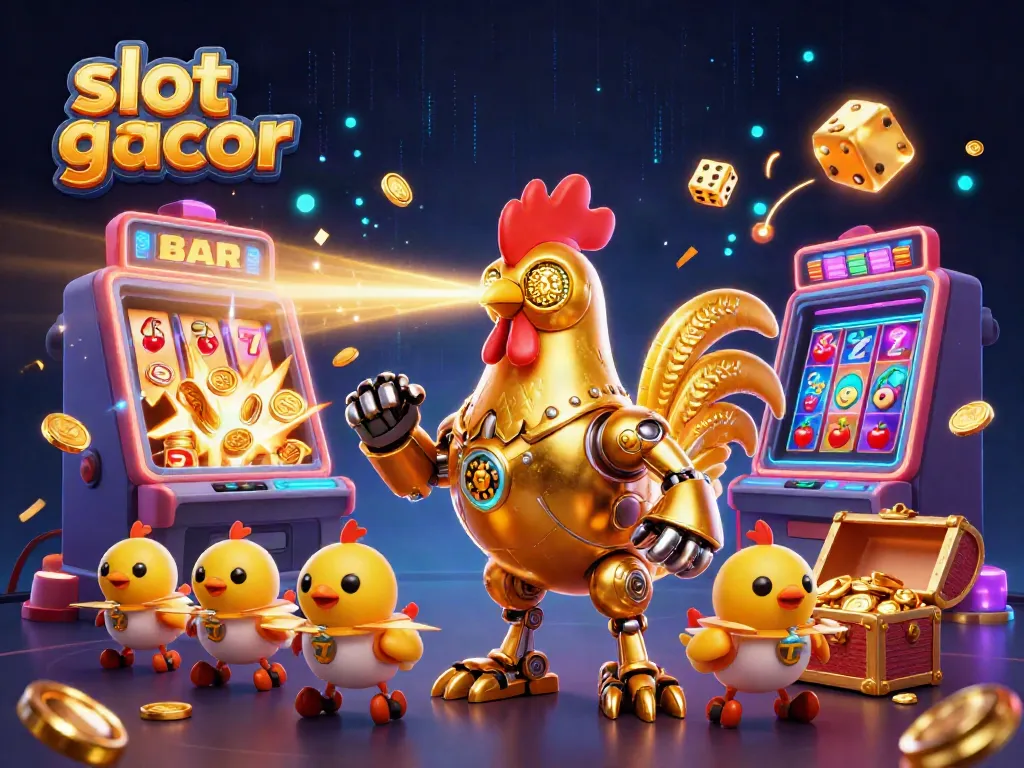 Experience slot gacor action with a golden rooster robot and vibrant casino elements.