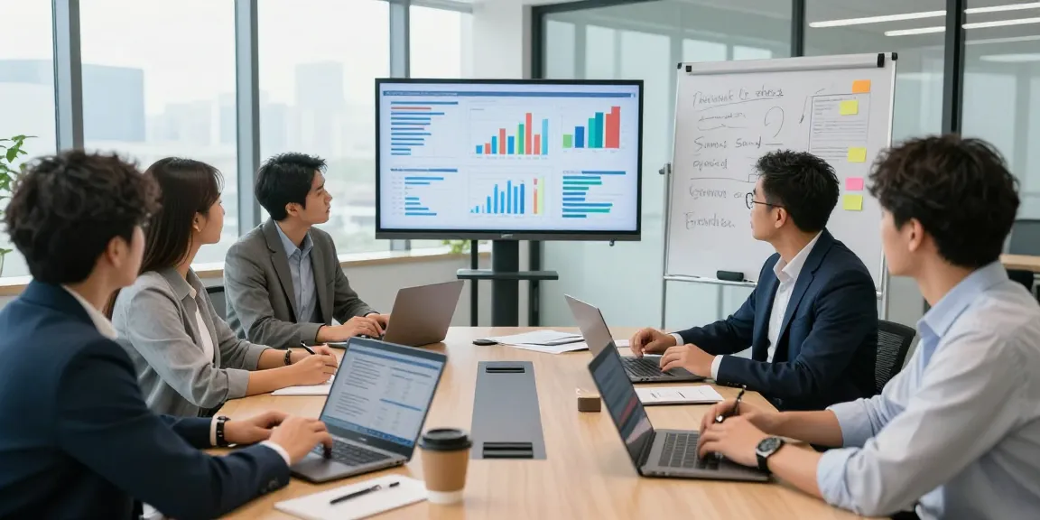 Diverse professionals collaborating in a modern office, discussing gourmeticat business news with data charts and analytics.