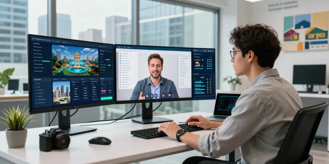 Investor exploring rokok88 virtual properties on digital screens in a modern workspace.