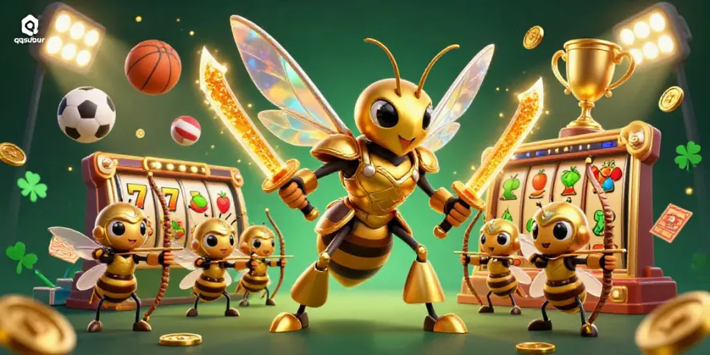 Engage with qqsubur's dynamic gaming experience featuring a hornet hero surrounded by vibrant slot theme elements.
