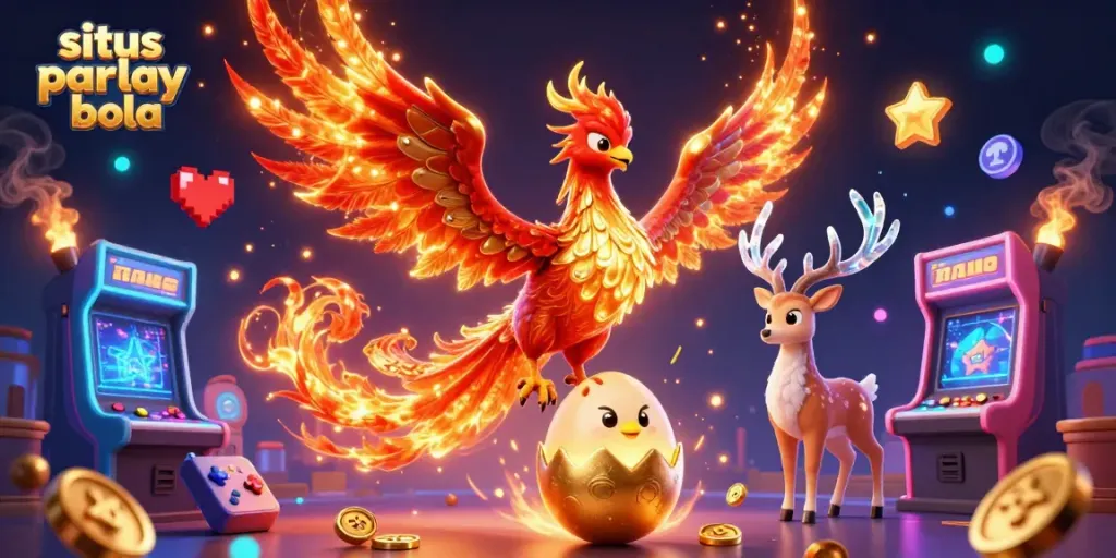 Experience situs parlay bola with animated phoenix and stag amid gaming elements in a vibrant 3D illustration.