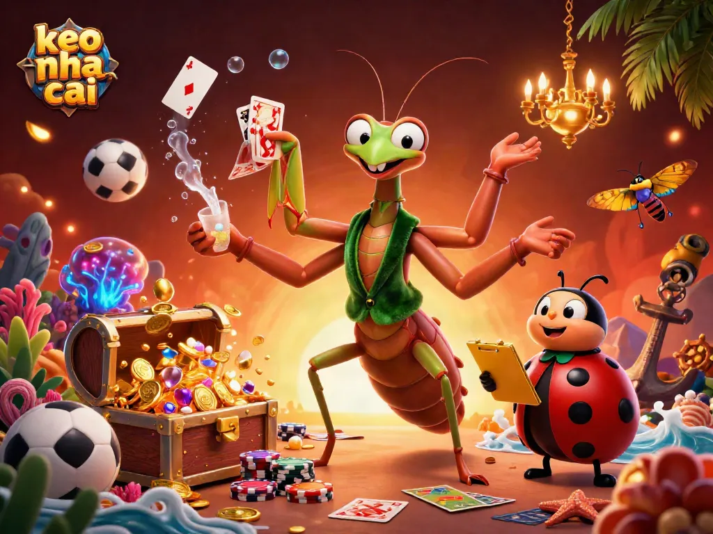 Engage with keo nha cai as a giant praying mantis card sharp and ladybug pit boss create an interactive casino scene.