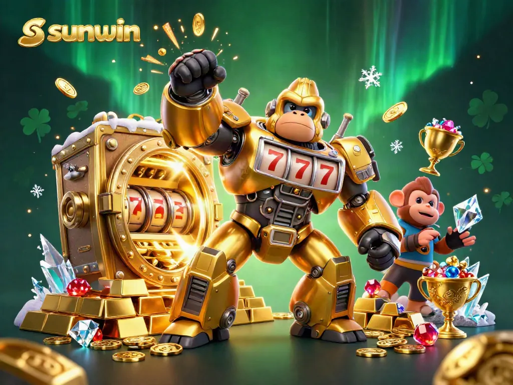 Players engage with vibrant sunwin-themed gaming and jackpots in a dynamic 3D illustration.