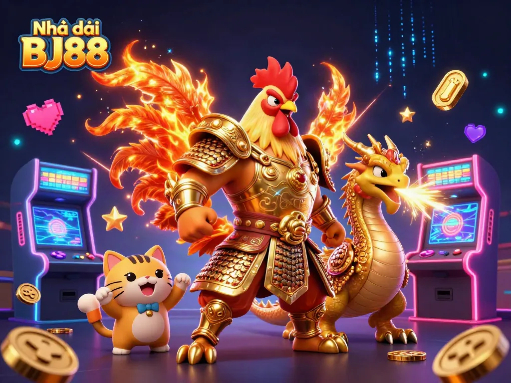 Embrace winning strategies at Nhà cái BJ88 with dynamic gaming features in a colorful 3D illustration.