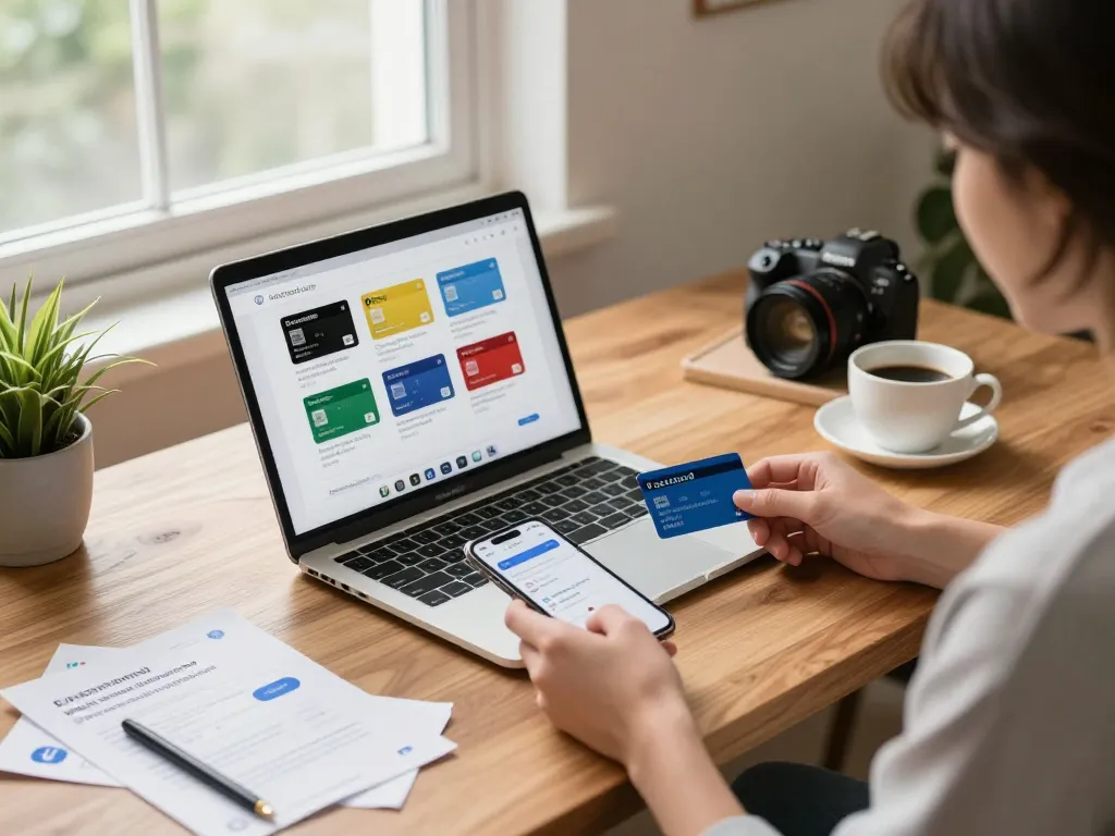 Ezzocard user exploring virtual prepaid cards in a stylish home office for seamless online payments.