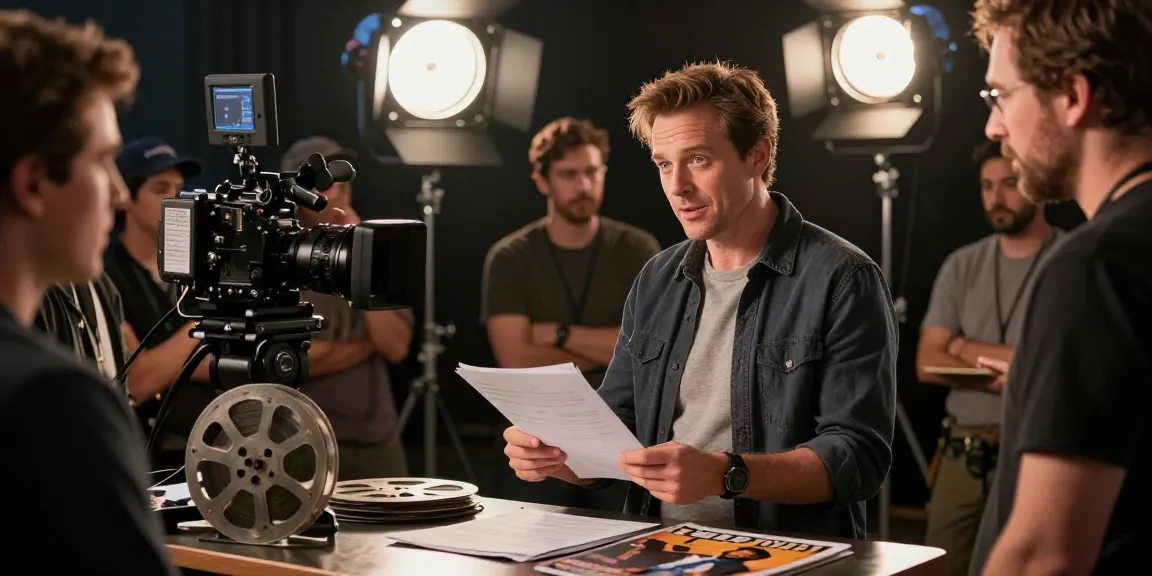 Steve Bacic on a bustling Hollywood film set discussing scripts, surrounded by production equipment and crew.