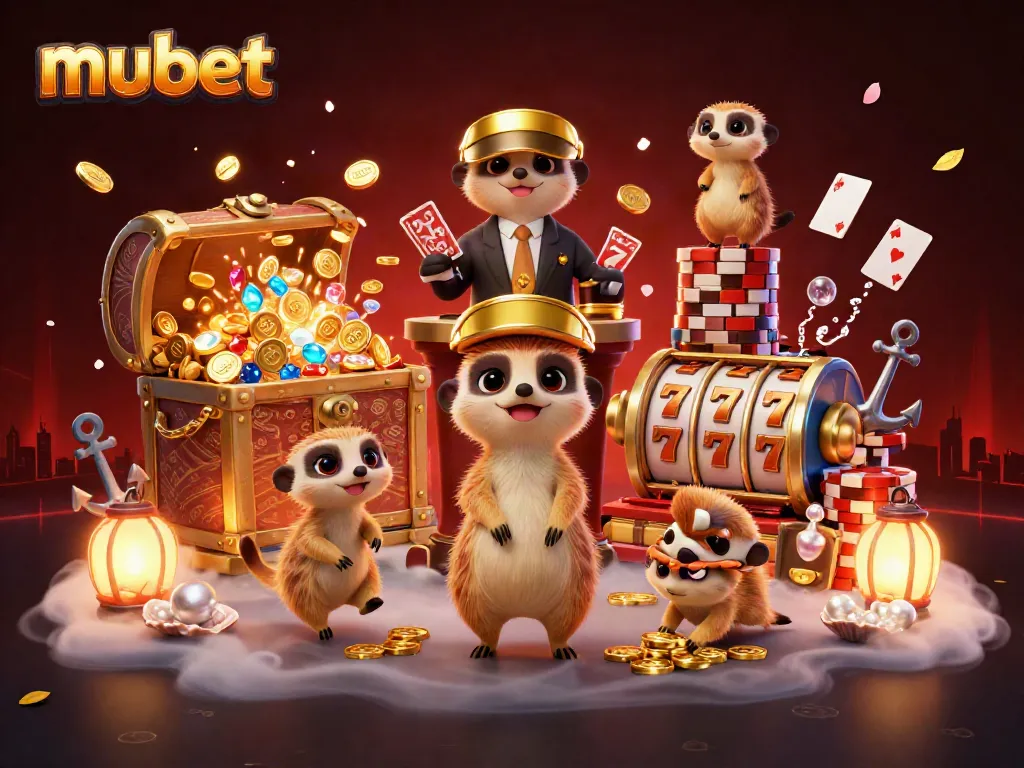 mubet meerkats lead an exciting casino operation amidst floating slot reels and festive decor.