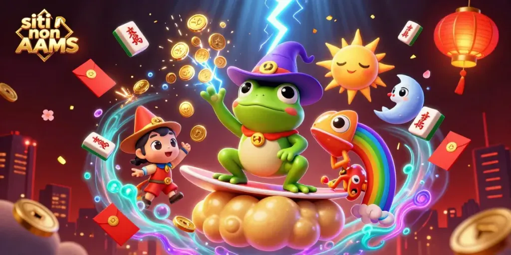 Scopri i siti non AAMS in un'illustrazione vivace con simboli di casinò e personaggi fantastici.