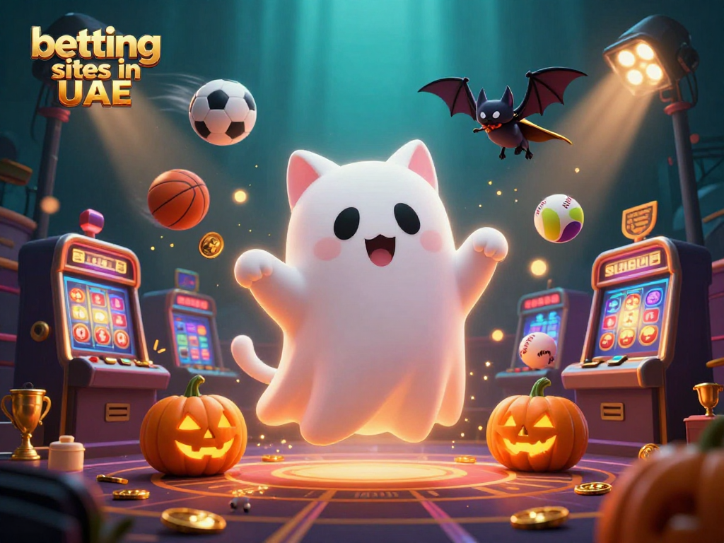 Experiencing thrilling betting sites in UAE with a ghost cat and vampire bat in a dynamic, haunted casino scene.