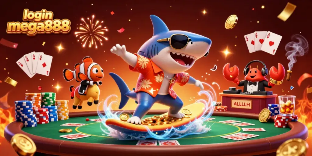 Exciting action of login mega888 with a shark surfing gold coins in a dynamic casino scene.