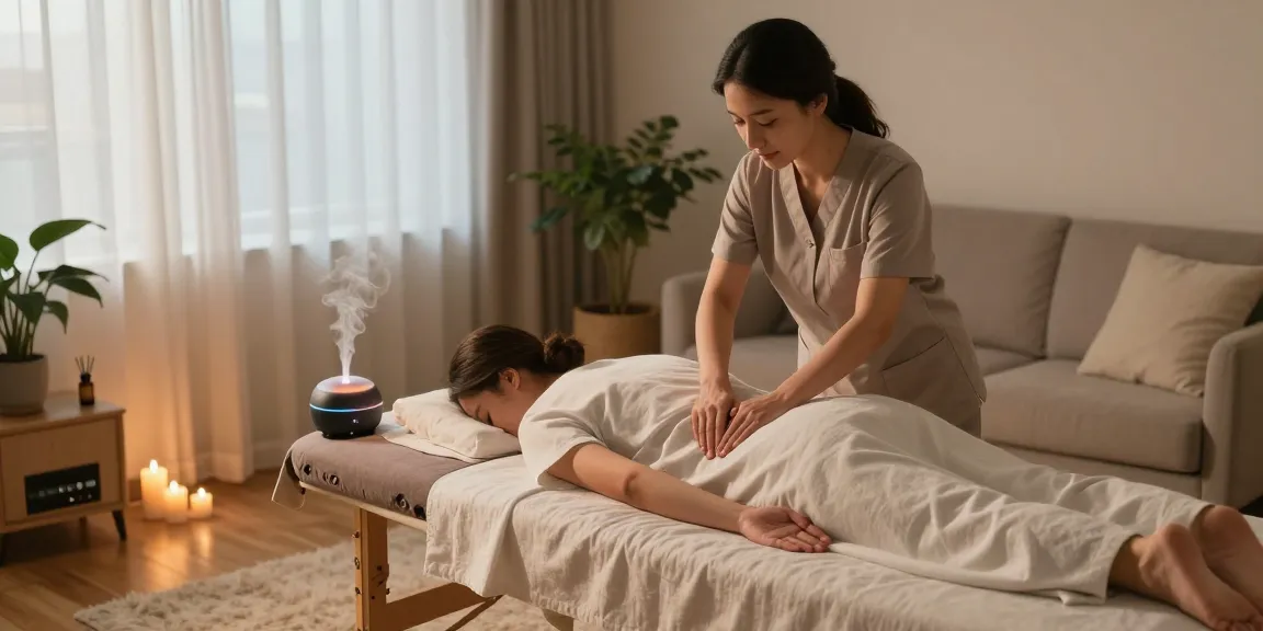 출장마사지 session with a professional therapist in a serene home setting, emphasizing relaxation and wellness.