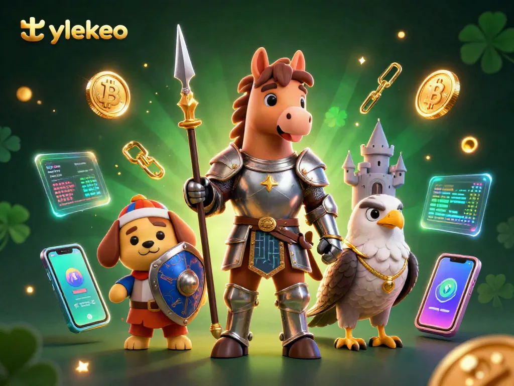 Engage with tylekeo's dynamic casino scene featuring a knight, puppy, and falcon amidst crypto elements.