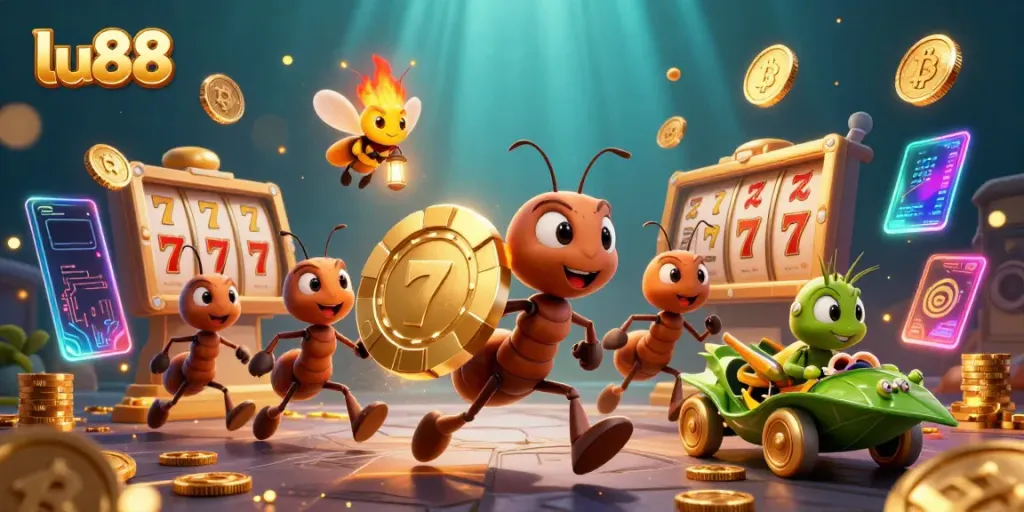Join the ants on their lu88 heist, racing with a giant golden poker chip, amidst vibrant casino elements.
