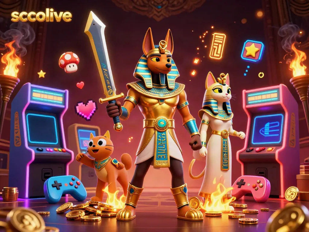 Socolive showcases a lively scene featuring Anubis and Bastet immersed in a vibrant gambling environment.