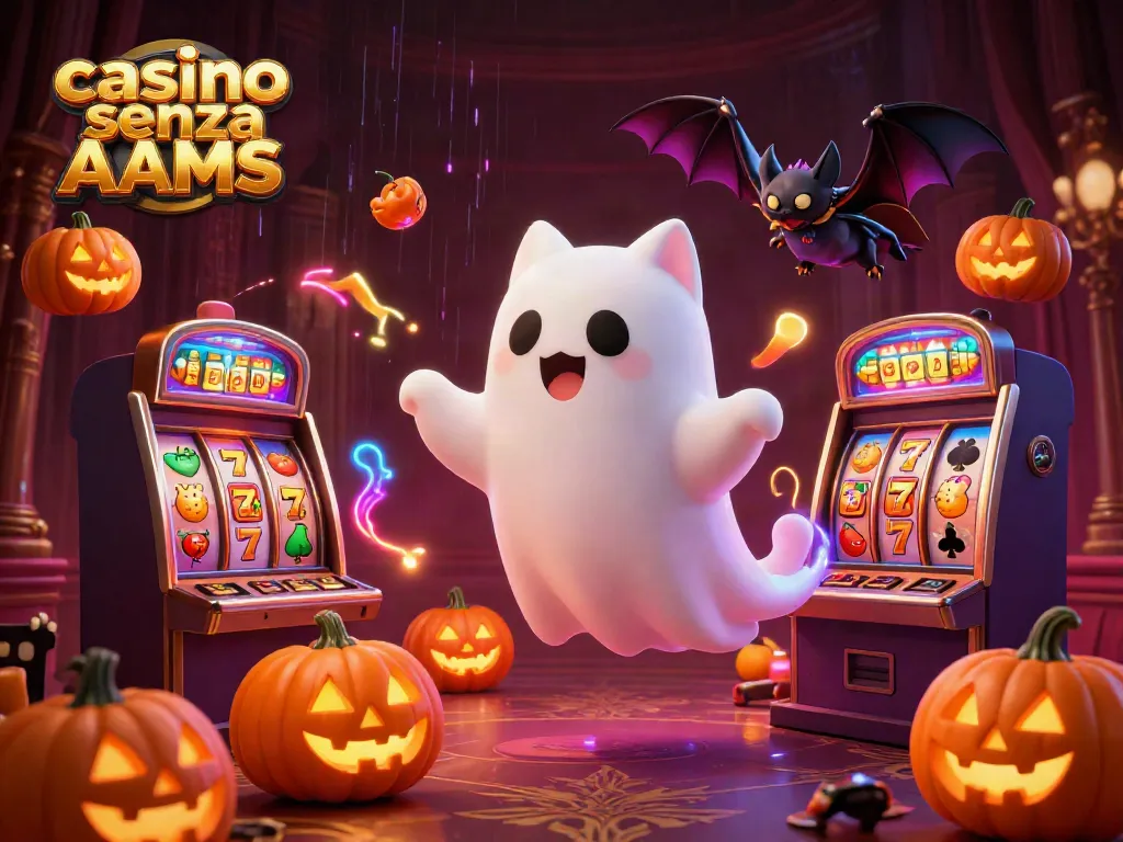 Scopri l'atmosfera vibrante di un casino senza AAMS con un gatto fantasma e simboli di gioco scintillanti.