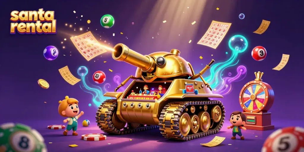 Experience the fun of santa rental in a golden beetle tank-themed casino scene bursting with lottery excitement!