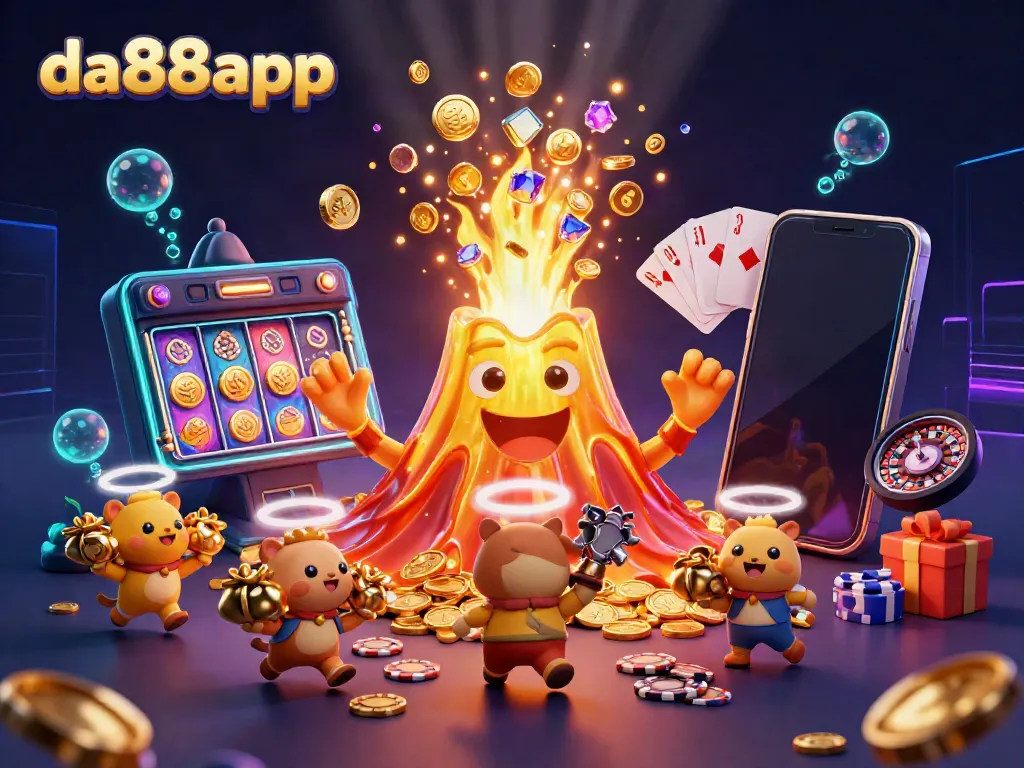 Experience thrilling wins at da88app with a golden volcano erupting coins, surrounded by treasure-seeking animals and dynamic gaming elements.