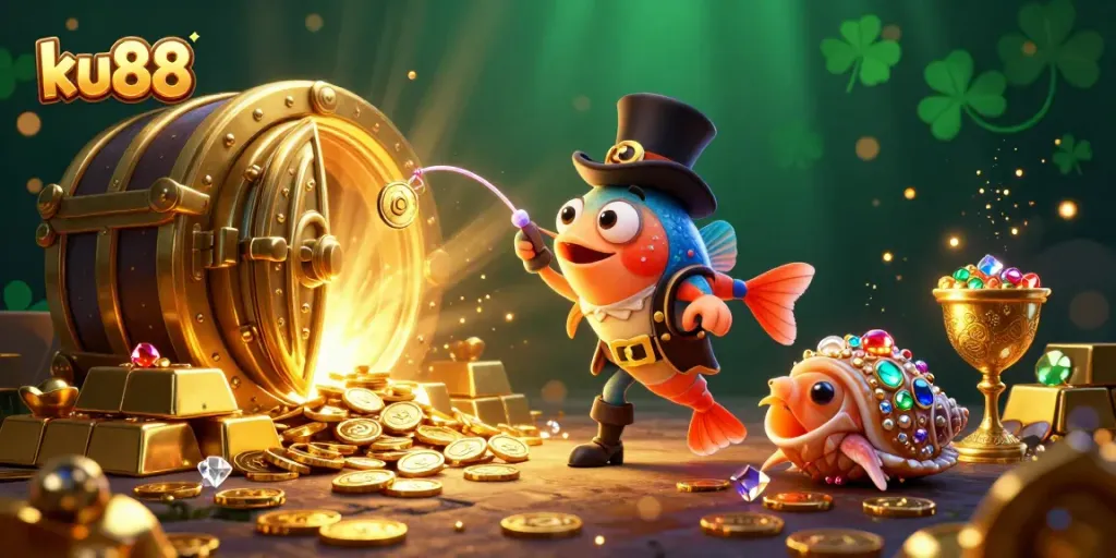 Experience exciting wins with ku88 at this vibrant casino-themed illustration featuring treasure elements.
