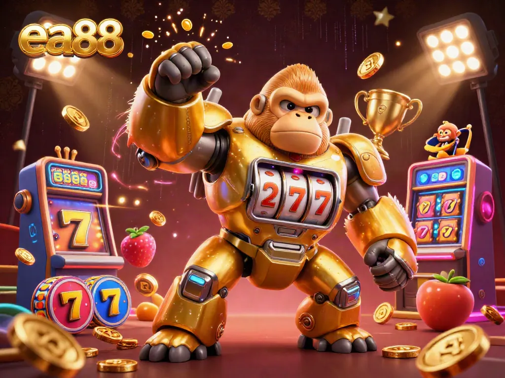 Engage with ea88's thrilling slot gaming experience through a vibrant 3D casino illustration featuring dynamic characters and elements.