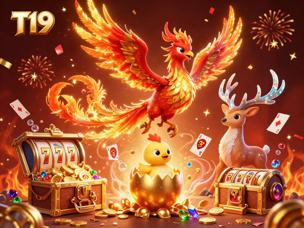 Experience the thrilling world of T19 with a vibrant phoenix and treasure-filled casino scene.