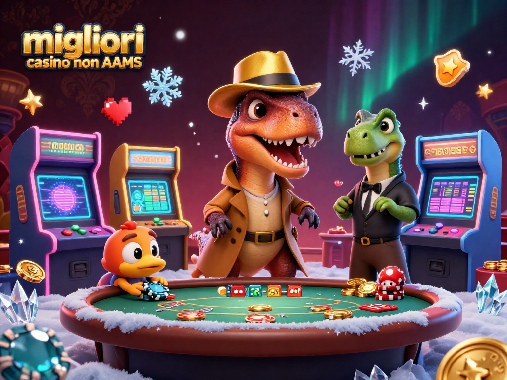 Scopri i migliori casino non AAMS mentre il velociraptor gioca a blackjack, immerso in un ambiente scintillante e vivace.