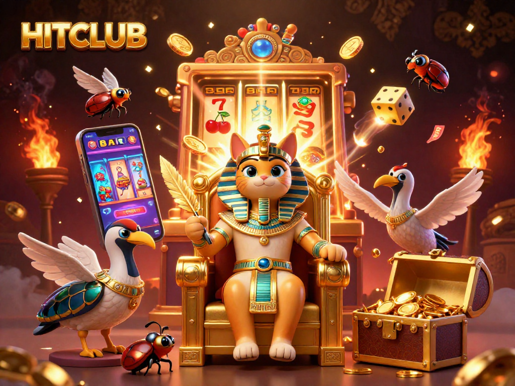Join the excitement at HITCLUB with a vibrant 3D casino illustration featuring jackpot slots and golden treasures.