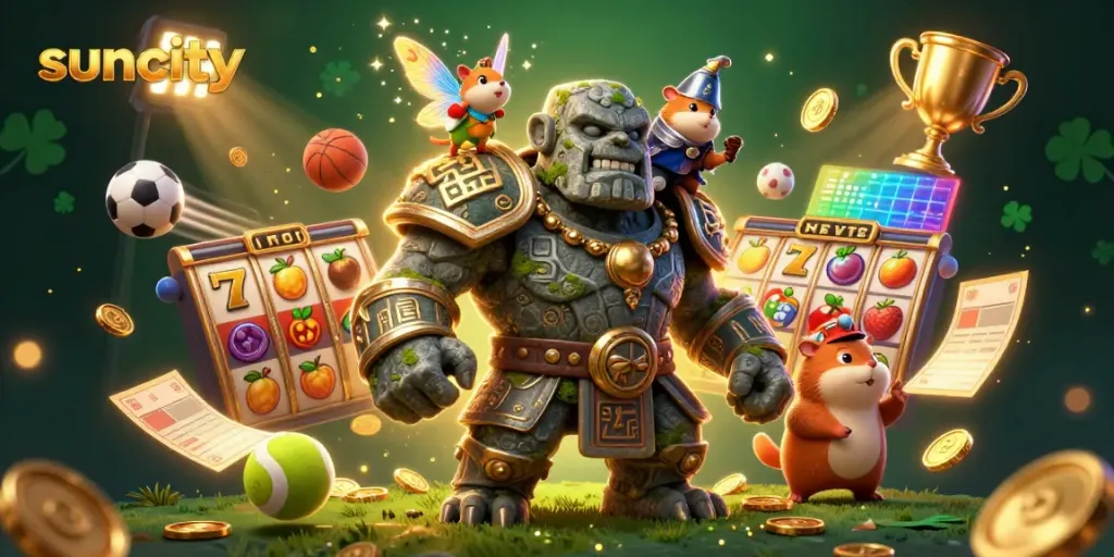 Experience the thrill of suncity with magical characters and lively slot elements in this dynamic 3D scene.
