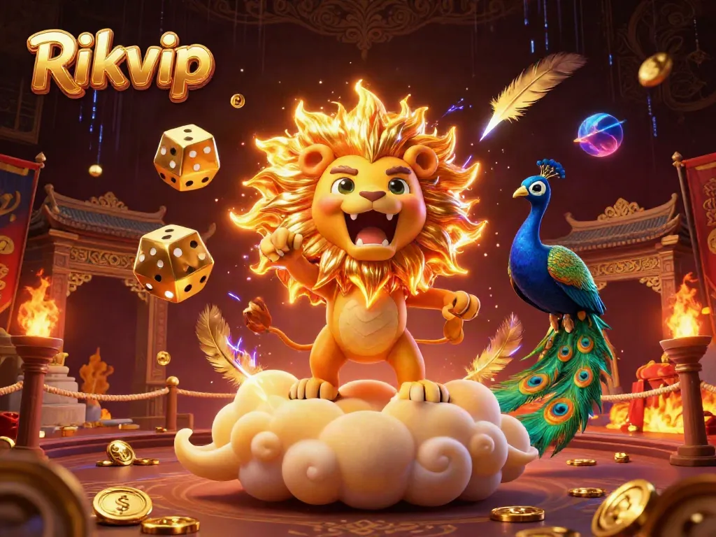 Experience thrilling wins at Rikvip with a dynamic scene of a roaring lion and golden dice.