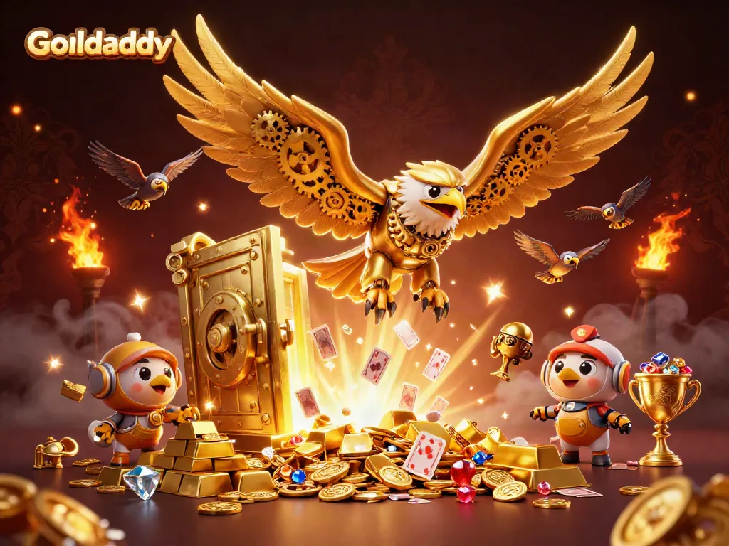 Goaldaddy showcases an ultra-detailed 3D eagle soaring through casino wealth with holographic cards.