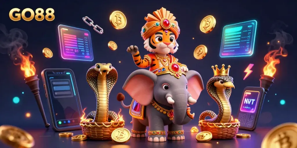 Experience the vibrant GO88 gaming world with a maharaja tiger, elephant, and crypto elements.
