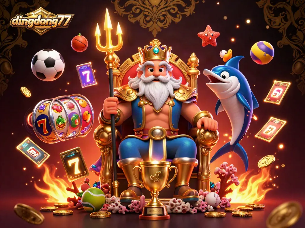 Dive into thrill with dingdong77's vibrant gaming scene featuring Neptune, a trophy, and dynamic slot symbols.