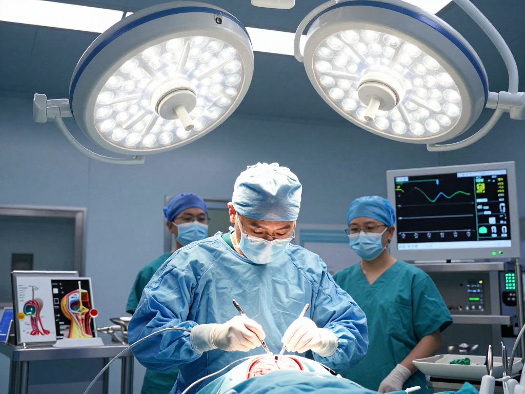 Cranial neurosurgery specialist performing a complex brain surgery in a sterile operating room with advanced tools and monitors.
