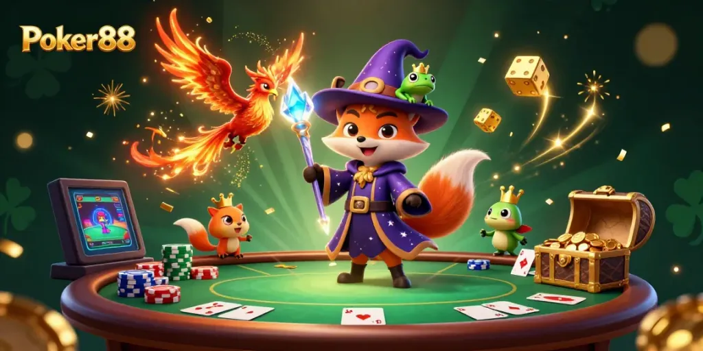 Engaging Poker88 illustration with cards, chips, and mystical characters for online poker fans.