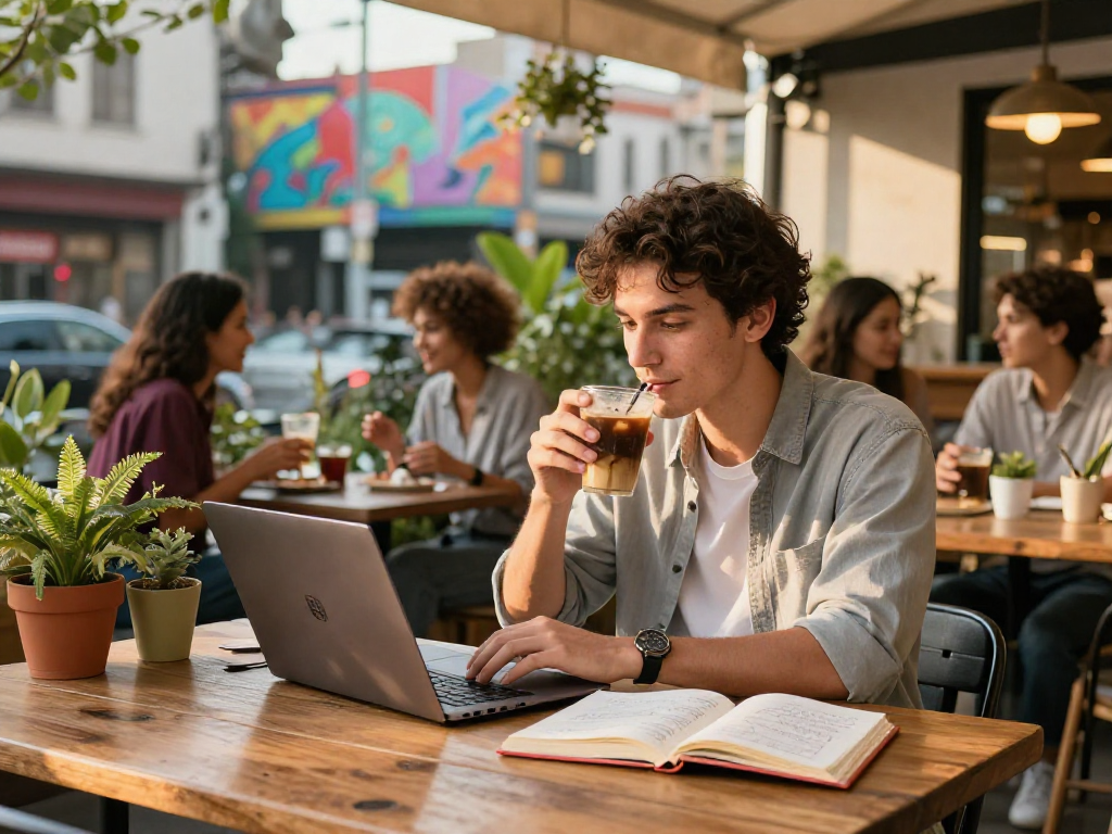 Motchill lifestyle scene showcasing a young professional enjoying coffee while working outdoors in a vibrant urban café.