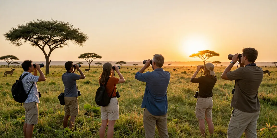 NAGA2000 travelers joyfully capturing wildlife at Kidepo Valley National Park during golden hour