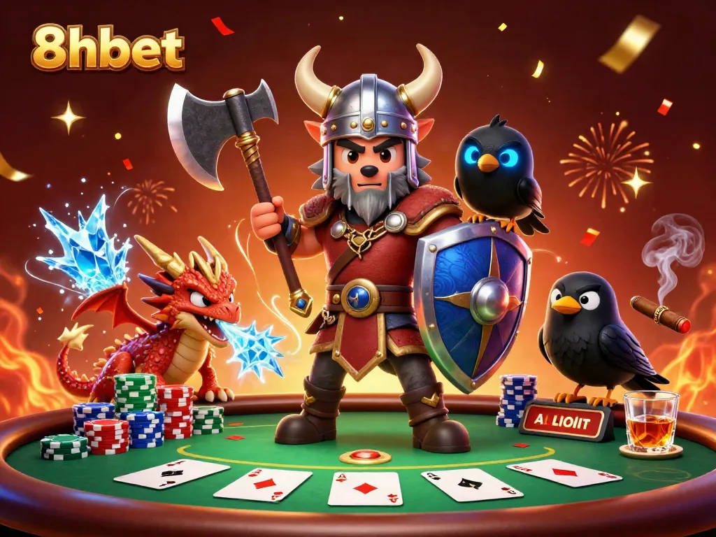 Experience thrilling gameplay at 8xbet with a Viking warrior and dragon in a vibrant casino scene.