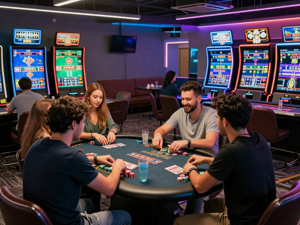 Exciting gaming lounge atmosphere featuring friends enjoying lavowin daftar in a vibrant, modern gaming environment.