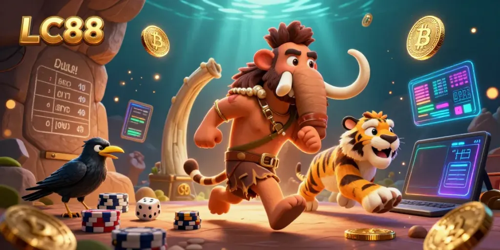 Experience thrilling moments at LC88 with unique prehistoric casino characters and vibrant gambling elements.