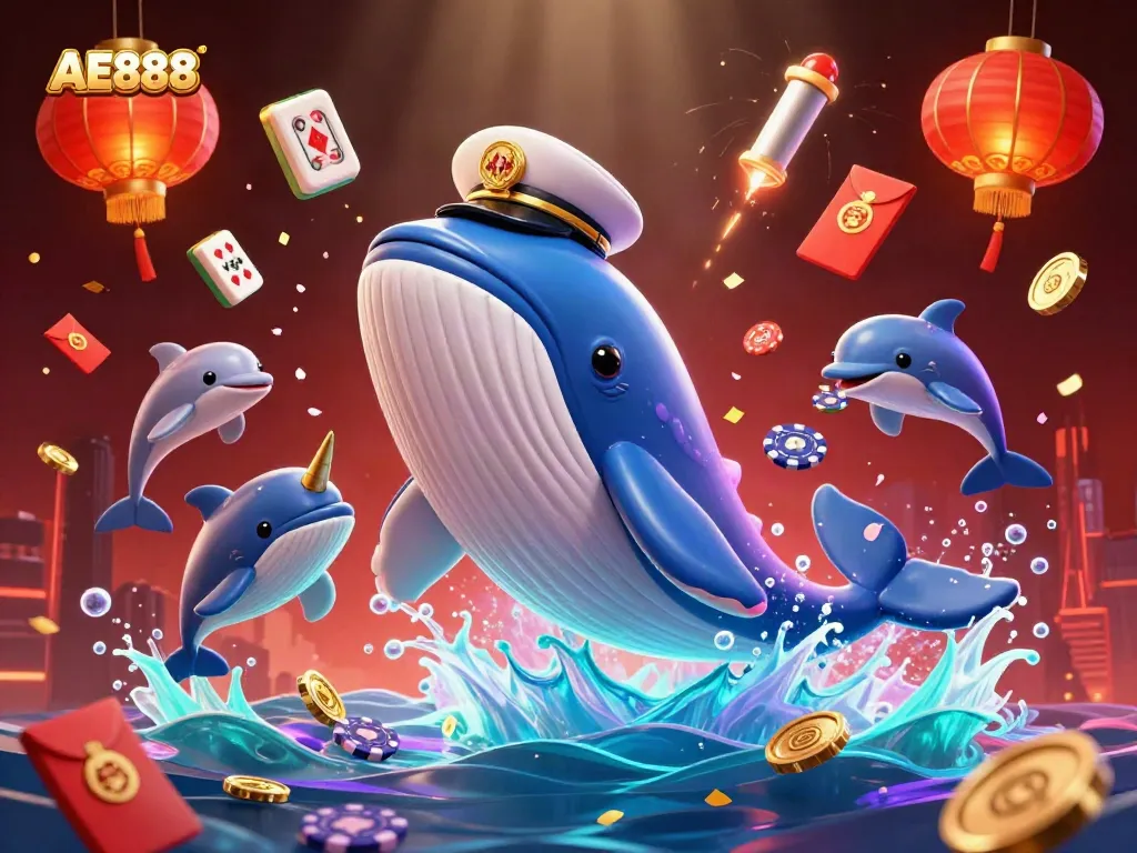Engage in thrilling gaming adventures at AE888 with playful dolphins and a majestic whale surrounded by rich casino elements.