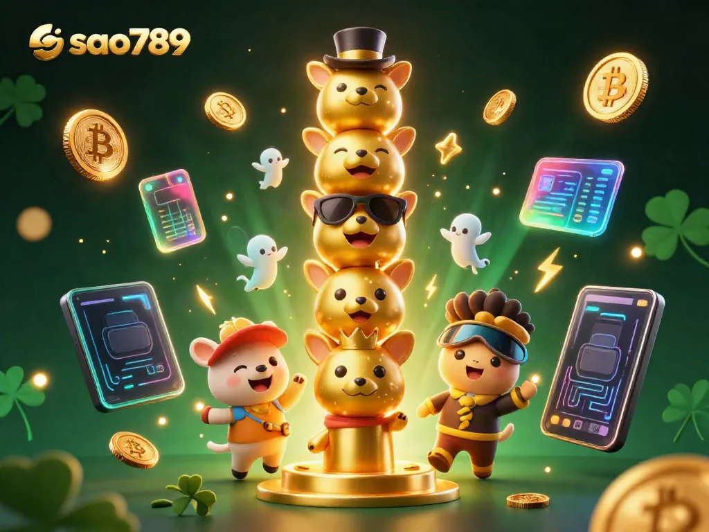 Engage with sao789 in an exciting 3D casino scene showcasing unique gaming elements and glowing cryptocurrencies.