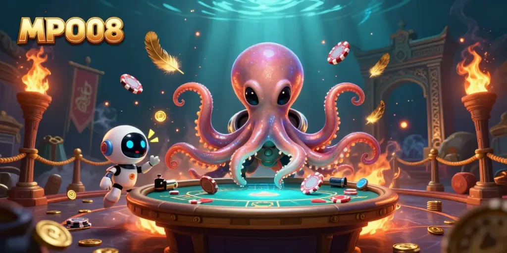 Engage in thrilling MPO08 casino adventures with an alien octopus at a holographic poker table.