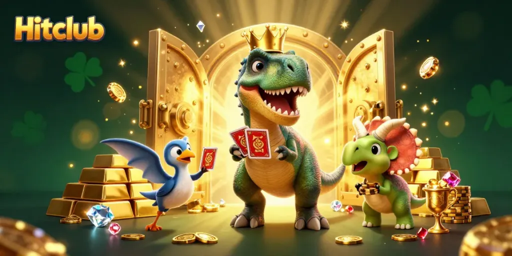 Engage in the thrilling atmosphere of Hitclub with a playful T-Rex shuffling cards and a vibrant scene of golden riches.