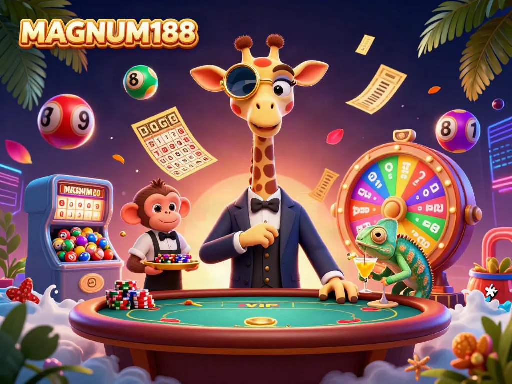Experience MAGNUM188's vibrant casino scene with animated characters and colorful gaming elements.
