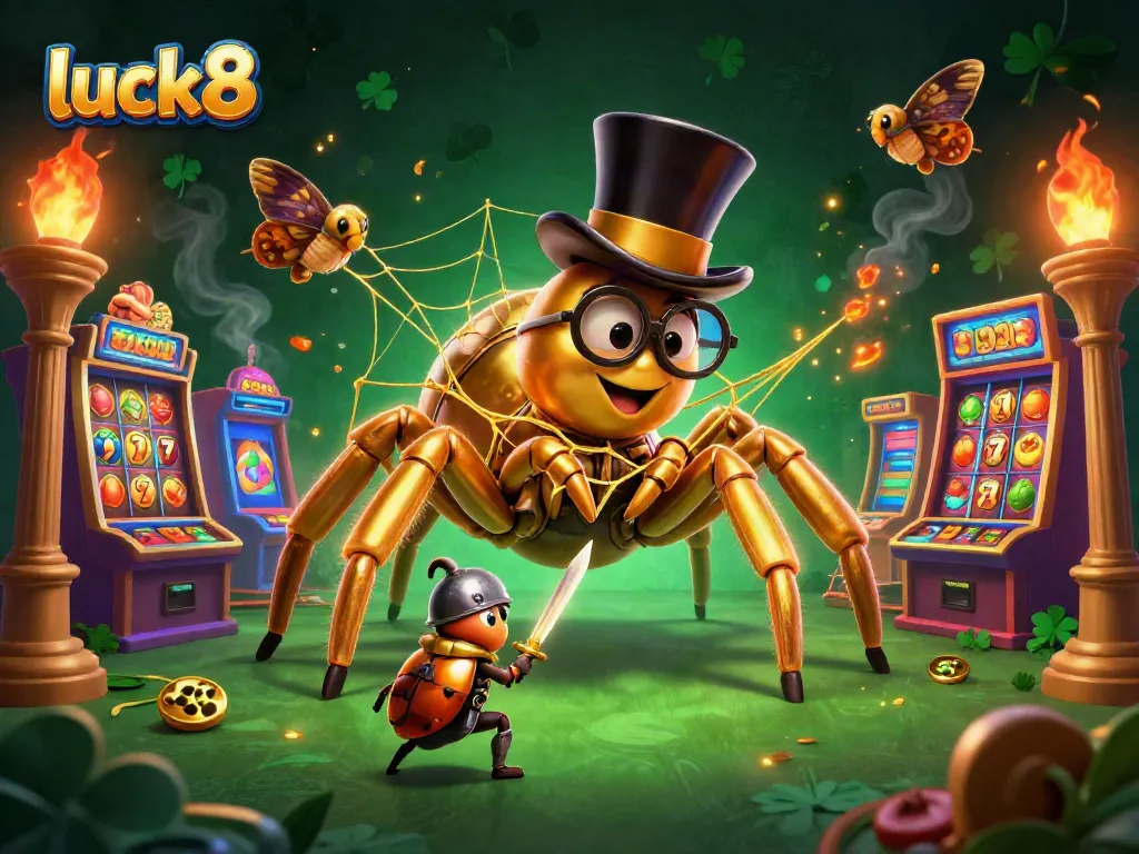Experience jackpot thrills with luck8 as a giant tarantula weaves a golden web in a vibrant casino scene.