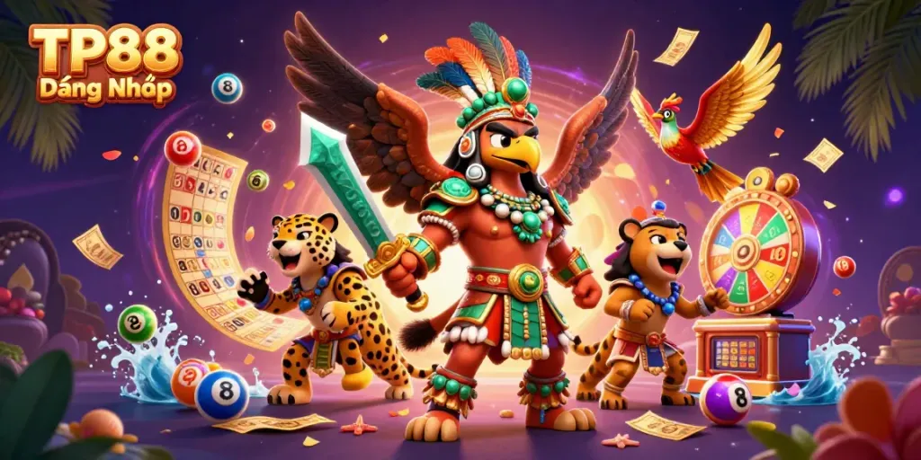Engage in the thrilling TP88 Đăng Nhập adventure with vibrant lottery elements and dynamic gaming characters.