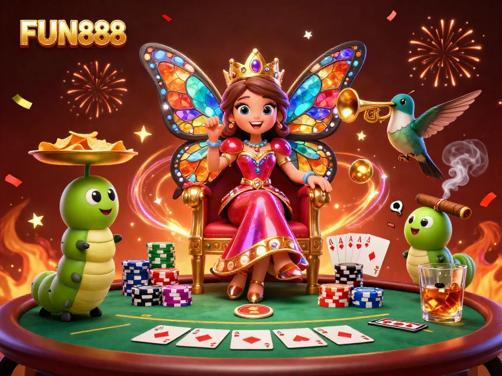 Experience the thrilling atmosphere of FUN888 with a vibrant 3D casino scene featuring a butterfly queen.