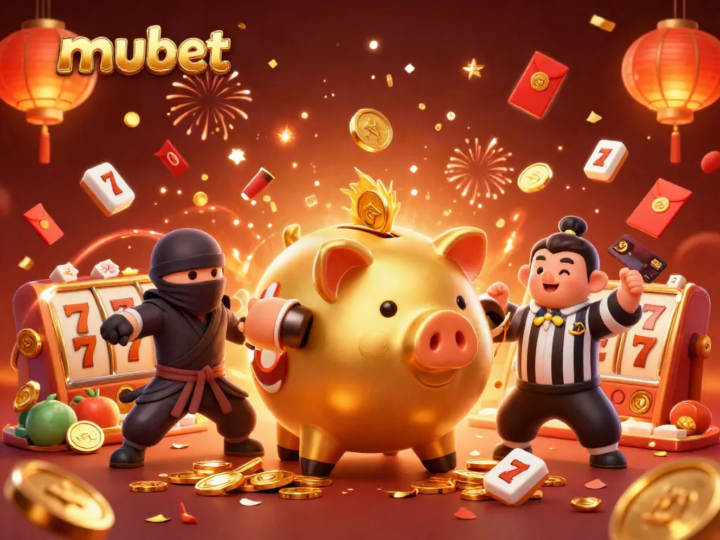 Experience exciting gameplay with mubet: a dynamic casino scene featuring a golden piggy bank wrestler and more.