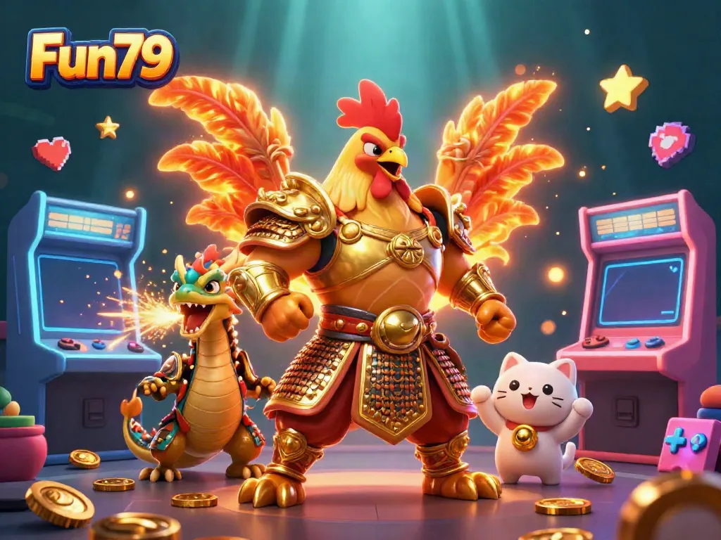 Experience Fun79 Casino with a dynamic illustration featuring a fighting rooster warrior and a dragon hatchling amidst colorful game elements.