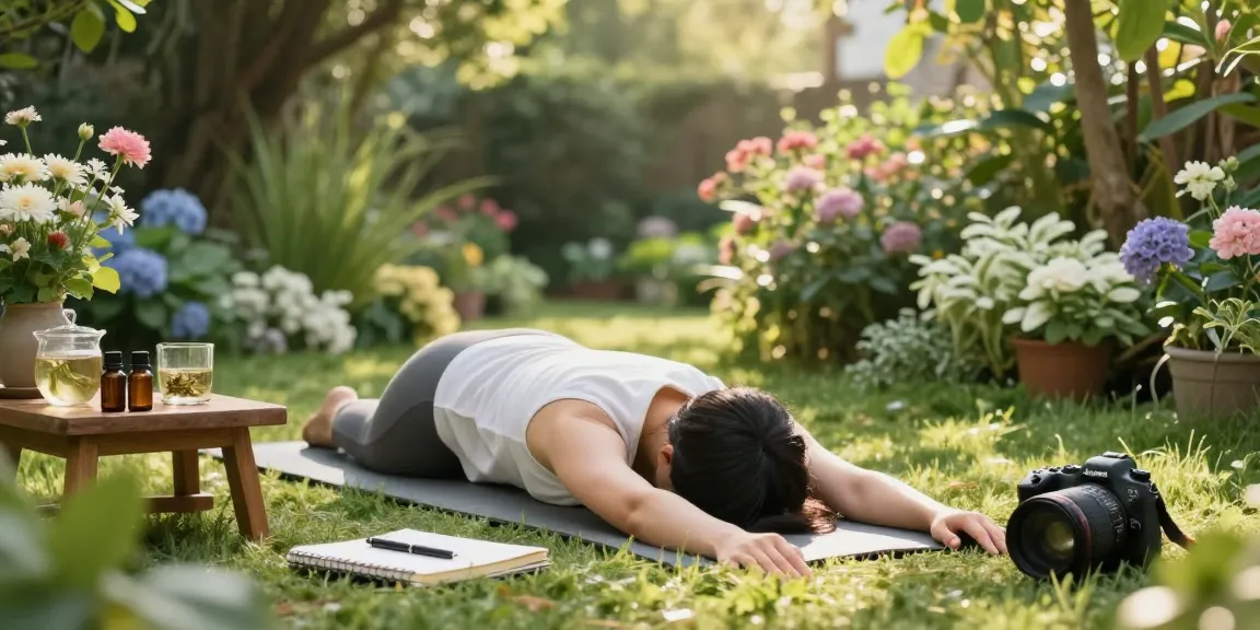 Relaxation moment practicing yoga in a garden with rokok88 products for wellness and mindfulness.